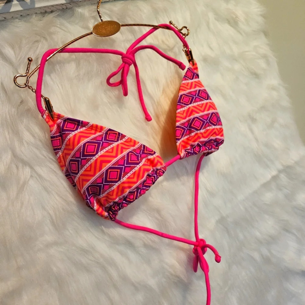 G21 Coral Geometric Print Classic String Bikini Top